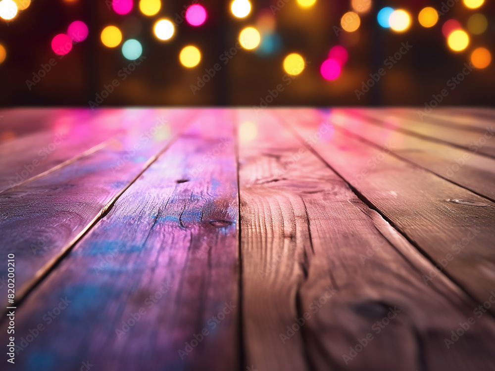 Aged wooden plank set against vibrant lights Aged wooden plank set against vibrant lights