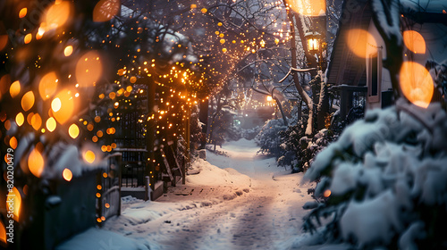 A hidden alley covered in snow with fairy lights twinkling in the twilight.