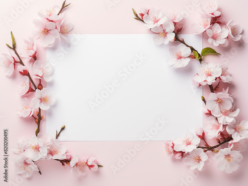 Pink blossoms frame a blank paper amid flowering almond branches