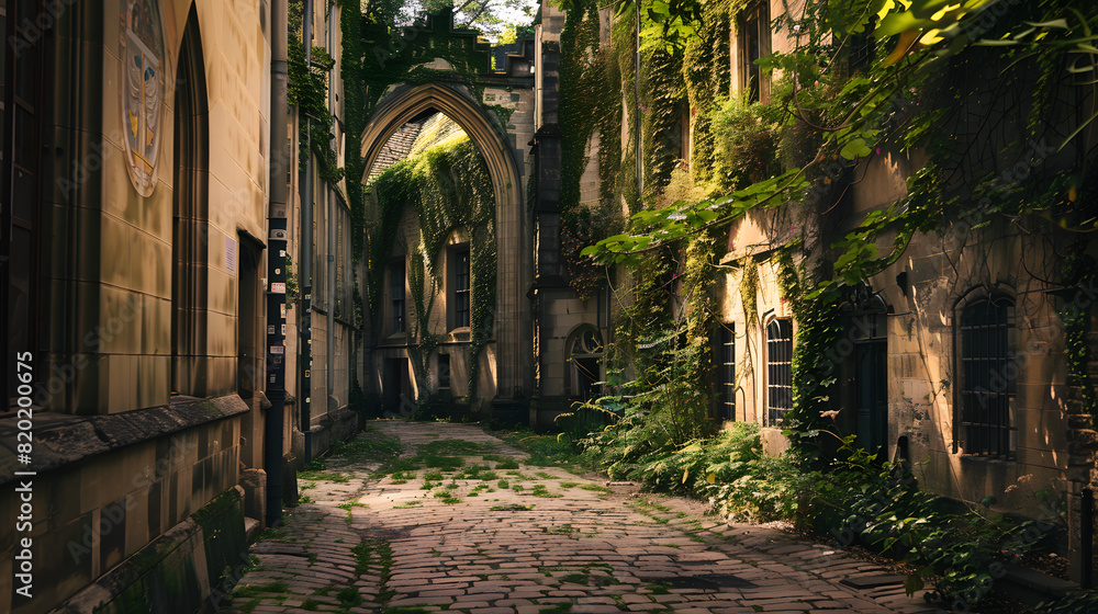 A historic alley with Gothic architecture and climbing ivy on the walls. A historic alley with Gothic architecture and climbing ivy on the walls.