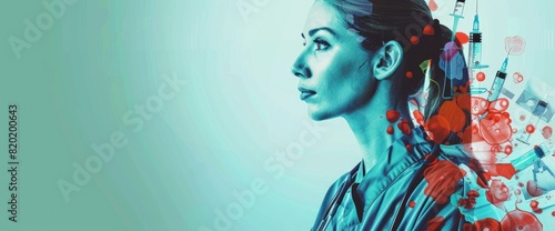 The image shows a female doctor or nurse wearing a surgical cap and mask, with a serious expression on her face. The background is a light blue color, and there is a red cross symbol in the top right