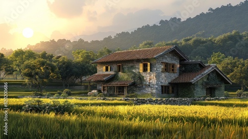 TwoStory Stone Farmhouse Amidst Golden Rice Paddies at Sunset A Serene Rural Tableau photo