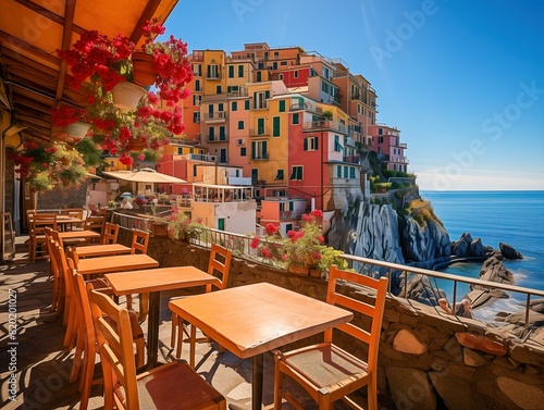 Vibrant cliffside village of Manarola, Italy with colorful buildings, a charming terrace, and stunning views of the Ligurian Sea