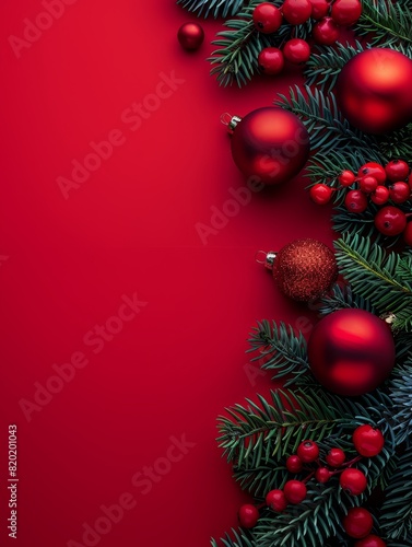 Holiday design with decorative Christmas tree toys  balls and baubles. Festive Christmas background