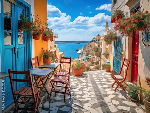 Charming street in Marsaxlokk, Malta with colorful doors, flower pots, and a stunning view of the Mediterranean Sea