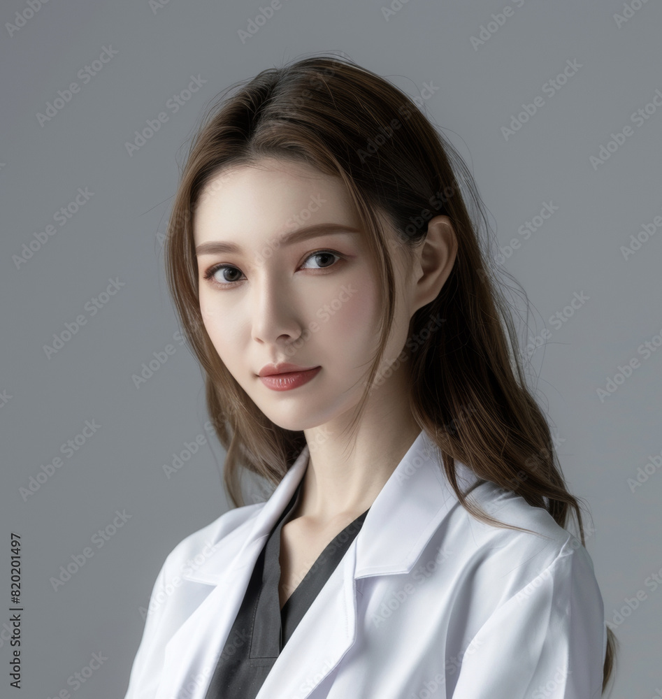 Young Female Doctor in White Coat with Thoughtful Expression on Neutral Background Young Female Doctor in White Coat with Thoughtful Expression on Neutral Background