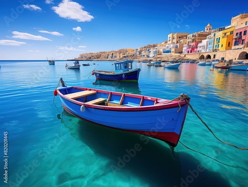 Colorful fishing boats on crystal clear water in Marsaxlokk, Malta with vibrant buildings and a bright sunny sky