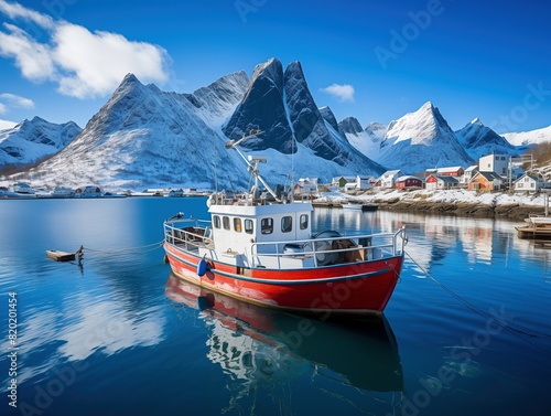 Picturesque fishing village of Reine, Norway with a red boat, snow-covered mountains, and clear blue water