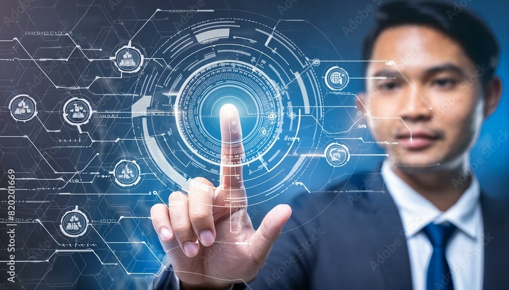 Digital technology, internet network connection concept. Finger touching on virtual screen Digital technology, internet network connection concept. Finger touching on virtual screen
