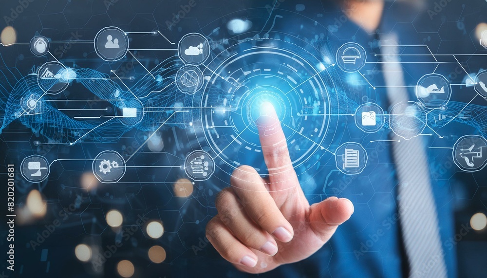 Digital technology, internet network connection concept. Finger touching on virtual screen Digital technology, internet network connection concept. Finger touching on virtual screen
