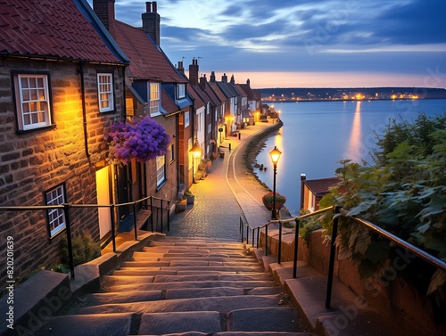 Historic fishing town of Whitby, England with cobblestone streets, charming houses, and a serene waterfront at twilight
