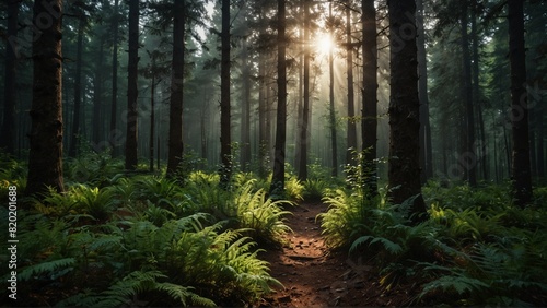 Forest nature path sunrise with beautiful rays of light