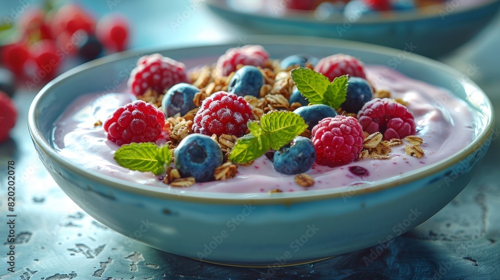 Nutritious breakfast granola, yogurt, and berries in white bowl on blue background Nutritious breakfast granola, yogurt, and berries in white bowl on blue background