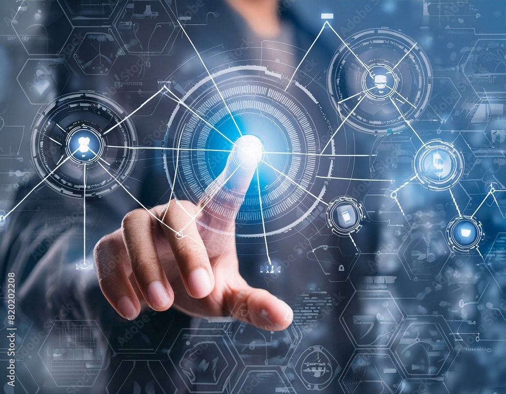 Digital technology, internet network connection concept. Finger touching on virtual screen Digital technology, internet network connection concept. Finger touching on virtual screen