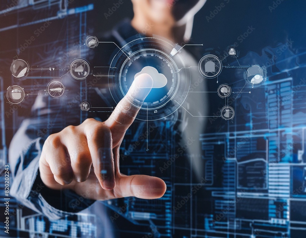 Digital technology, internet network connection concept. Finger touching on virtual screen Digital technology, internet network connection concept. Finger touching on virtual screen