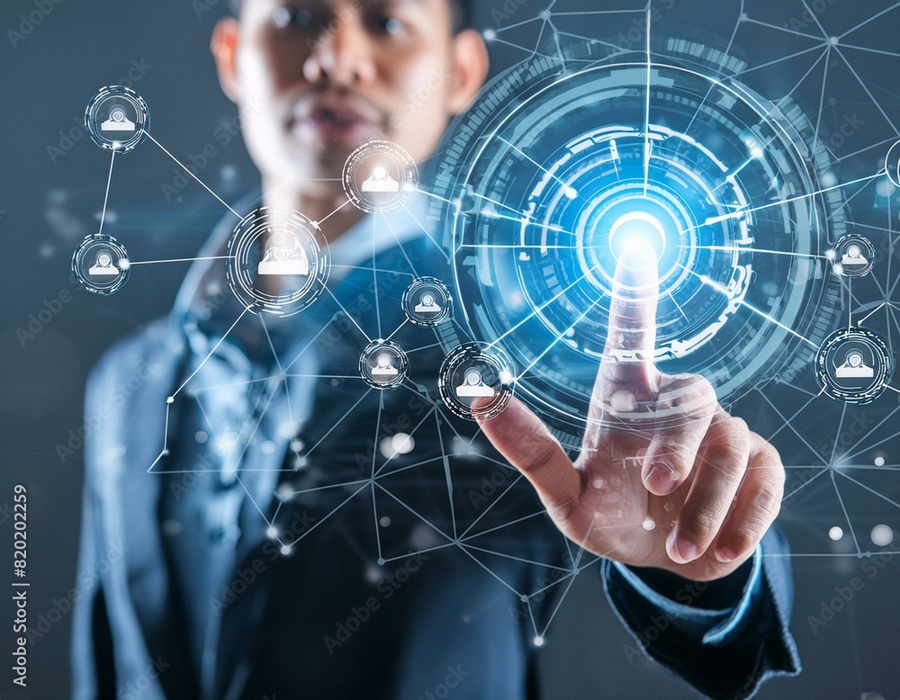 Digital technology, internet network connection concept. Finger touching on virtual screen Digital technology, internet network connection concept. Finger touching on virtual screen
