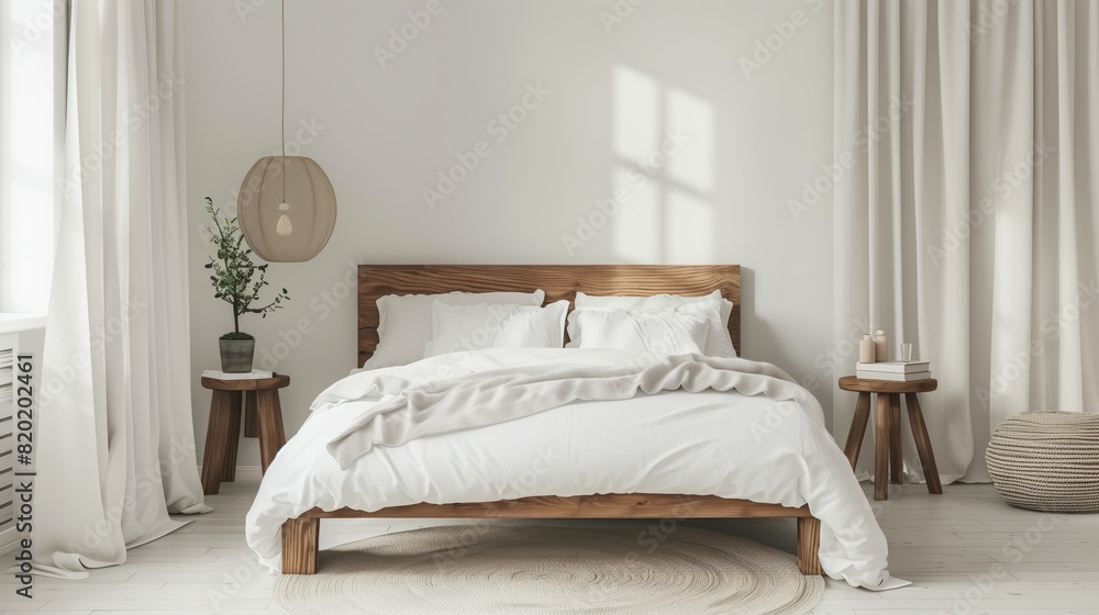 Obraz premium Cozy bedroom with sleek bed, white linens, and minimal decor for a clean vibe.