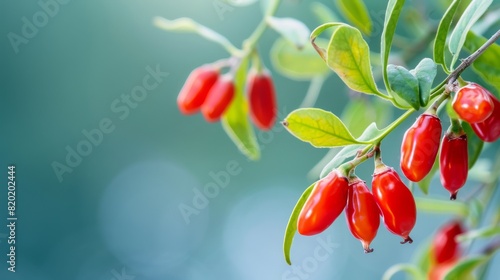 The Goji berry also known as wolfberry and scientifically named Lycium Barbarum is a small bright red fruit. Creative banner. Copyspace image photo