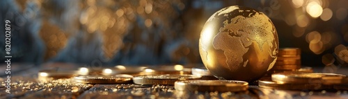 A golden planet beside gold coins, with a blurred world map in the background, depicting earth on sale, advanced tone, Triadic color scheme photo