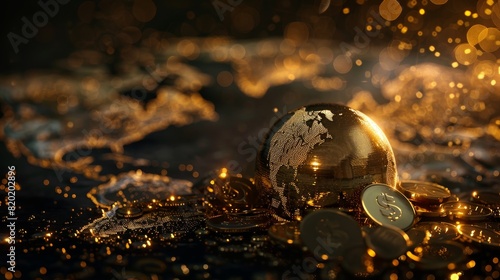 A golden planet with gold coins in front, blurred world map in the background, showing earth on sale, futuristic tone, black and white