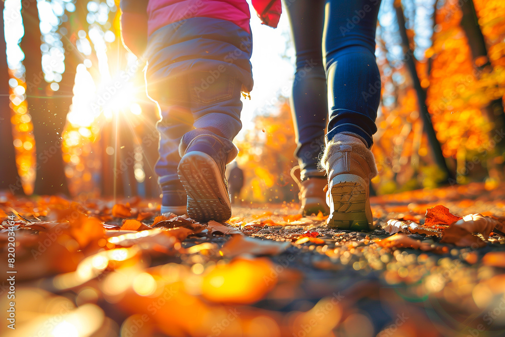 Close-up shot of a mother and her son holding hands walking through a colorful, bright forest in autumn. Close-up shot of a mother and her son holding hands walking through a colorful, bright forest in autumn.