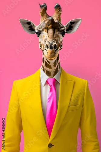 giraffe in clothes business in suit with giraffe head concept in vintage style