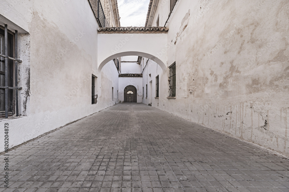 Obraz premium A hallway with whitewashed walls in a building with large arches with terracotta roofs