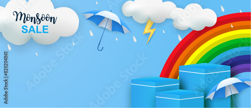 Rainy season theme product display podium. Design with clouds and rainbow on blue sky background. vector.