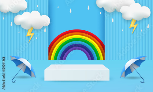 Rainy season theme product display podium. Design with clouds and rainbow on blue sky background. vector.