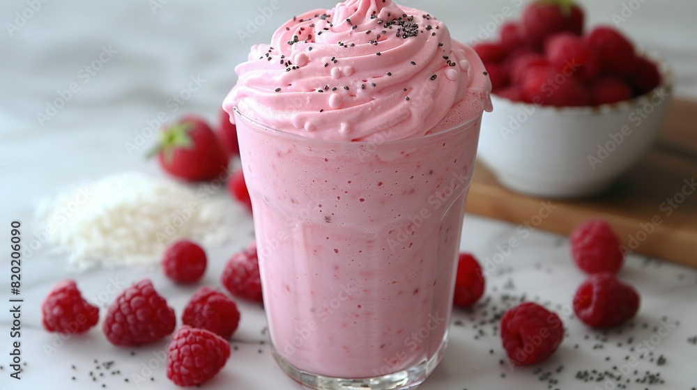 A close-up of a whipped cream and raspberry-topped drink with a bowl of raspberries nearby A close-up of a whipped cream and raspberry-topped drink with a bowl of raspberries nearby