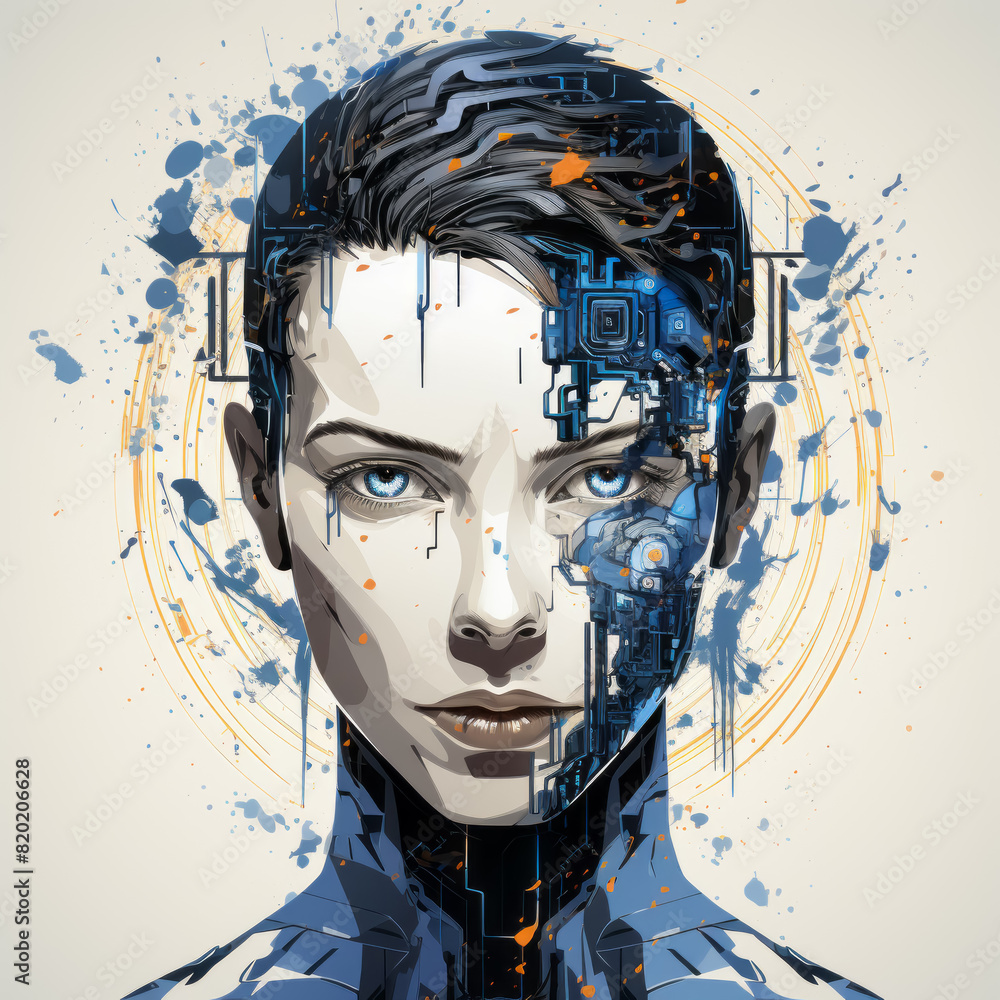 Artwork shows female figure with robotic visage, blending human and machine in futuristic style. Electric blue color adds striking contrast Artwork shows female figure with robotic visage, blending human and machine in futuristic style. Electric blue color adds striking contrast