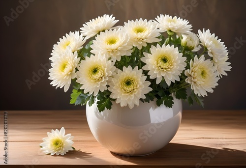Delicate, white chrysanthemum flowers carefully arranged in a minimalist, ceramic vase resting on a natural wooden table in window