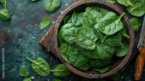  Wooden bowl with green spinach leaves on one side and a knife and another wooden bowl of spinach leaves on the other