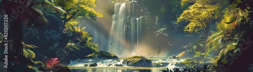 discovering a hidden waterfall in a lush forest, nature, bright colors, detailed illustration, sense of wonder and beauty photo