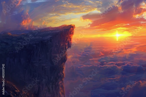 a cliff, overlooking a breathtaking sunset, realism, warm colors, high detail, sense of amazement photo