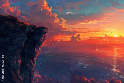 a cliff, overlooking a breathtaking sunset, realism, warm colors, high detail, sense of amazement photo