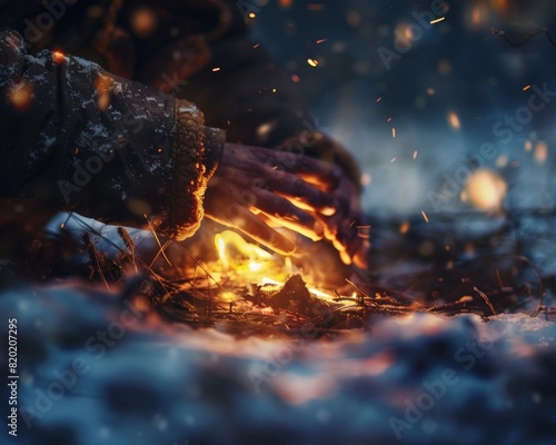 A person warming hands by a crackling fire in a snowy landscape, contrast between warm firelight and cold surroundings, detailed