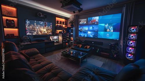 A modern man cave equipped with the latest tech gadgets and a large flat-screen TV for the ultimate gaming experience.