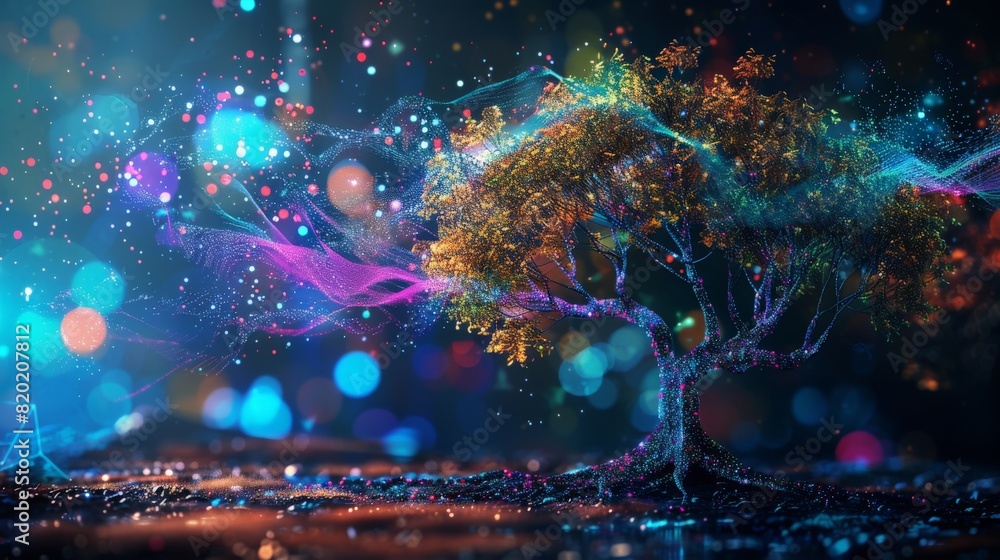 A tree with glowing AI nodes on its branches, holographic, neon colors, digital art, high-tech, futuristic integration