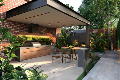 Outdoor entertainment area with builtin barbecue bar and lush plants. Concept Outdoor Photoshoot, Outdoor Design, Barbecue Bar, Lush Plants, Entertaining Space AI