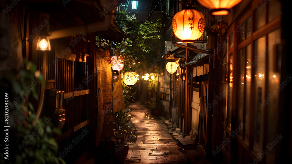 A narrow alley illuminated by lanterns at night creating a mysterious atmosphere. A narrow alley illuminated by lanterns at night creating a mysterious atmosphere.