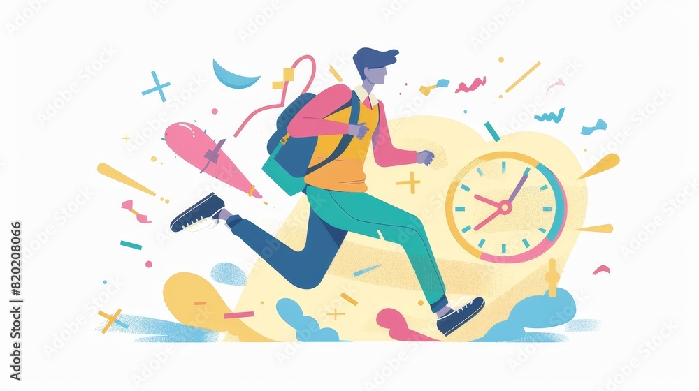 Running after time flat design front view, time management theme, animation, colored pastel Running after time flat design front view, time management theme, animation, colored pastel