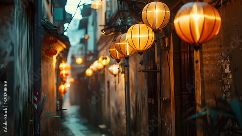 A narrow alley illuminated by lanterns at night creating a mysterious atmosphere.