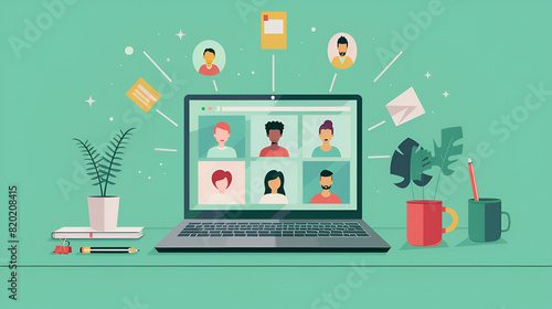 Modern and Minimalistic Digital Meeting: Professionals Collaborating in a Virtual Conference Room Illustration