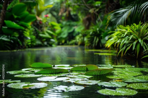 Tranquil River Scene with Floating Lily Pads and Lush Tropical Foliage