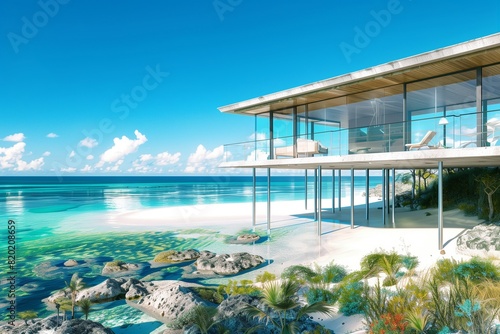   A coastal 3D house built on stilts with expansive glass walls  overlooking a pristine sandy beach and crystal-clear ocean under a clear blue sky.