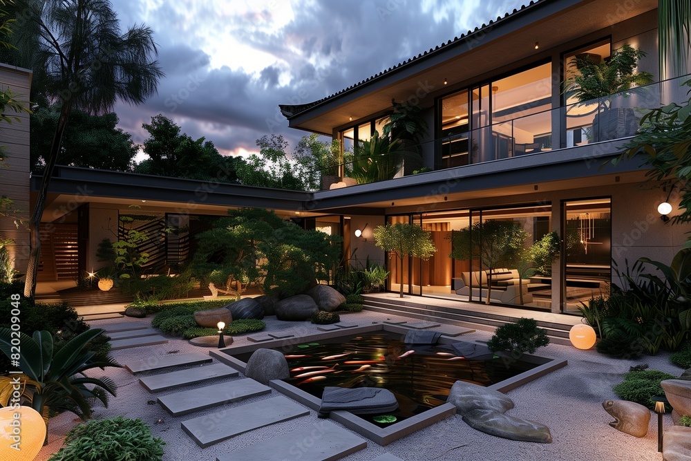 Obraz premium : A luxurious 3D house with a modern architectural design, featuring a private courtyard with a koi pond and Zen garden, evening lighting adding warmth.