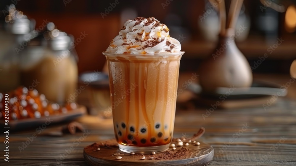 dessert tea treat, carefully made bubble tea topped with whipped cream and sweet syrup for a decadent treat