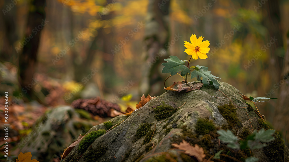 Gelbe Blume wächst auf einem Felsen im Wald mit aussicht Gelbe Blume wächst auf einem Felsen im Wald mit aussicht