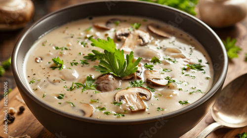 Savory bowl of creamy mushroom soup topped with pars